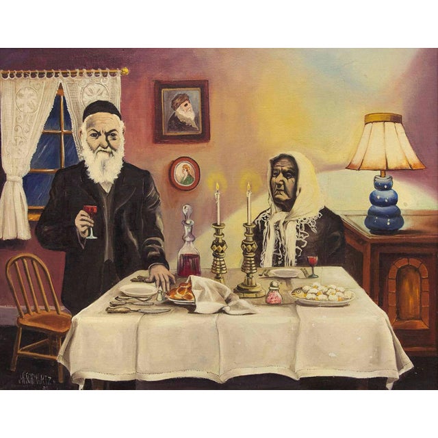 Mid century modern Judaic oil painting, depicting classical Shabbat celebration. It's vivid color and texture brings...