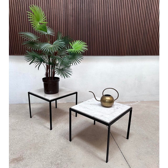 Minimalist Square Steel Side Tables with Carrara Marble Tops, Italy, 1960s, Set of 2 For Sale - Image 6 of 18
