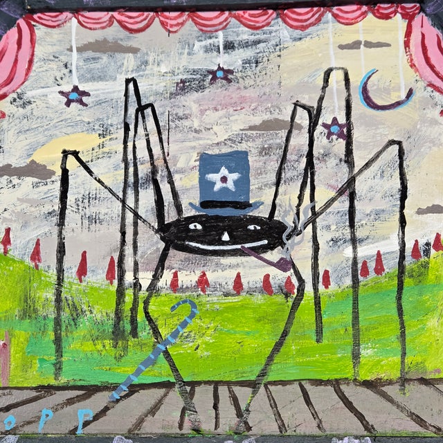 Quirky and colorful, this folk art piece by Jim Kopp shows a spider dreaming big, donning a hat, pipe, and cane to take to...