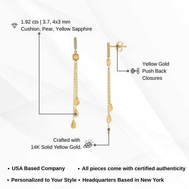 1.92Ct Yellow Sapphire & Diamond Chain Drop Earrings in 14k Yellow Gold- 2 Pieces For Sale - Image 10 of 13