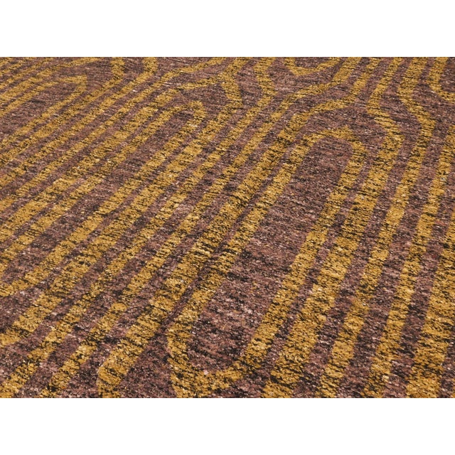 Modern hand-Made flat weave from India. Material: Sari Silk blend Primary Color: Mustard Secondary Color: Grape