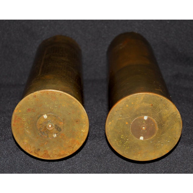 1910s Pair of Antique Wwi Brass Artillery Shell Trench Art Vases, Dated C. 1916–1918 For Sale - Image 5 of 7