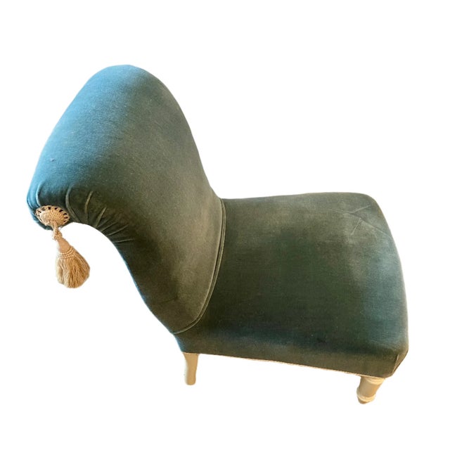 Fabulous, elegant and rare c. 1870 Napoleon III slipper chair. shaped back, tassels and painted legs. 31.5" H X 20.5"W X...