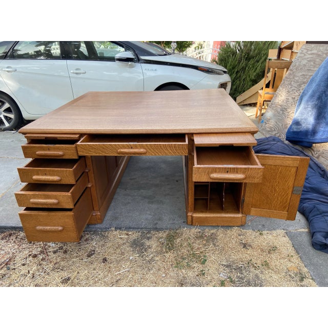 1940s Vintage Oak Partners Executive Double Sided Desk For Sale - Image 9 of 12