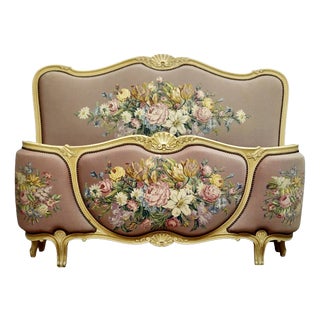 Louis XV Style Basket Bed in Carved Wood and Floral Tapestry For Sale