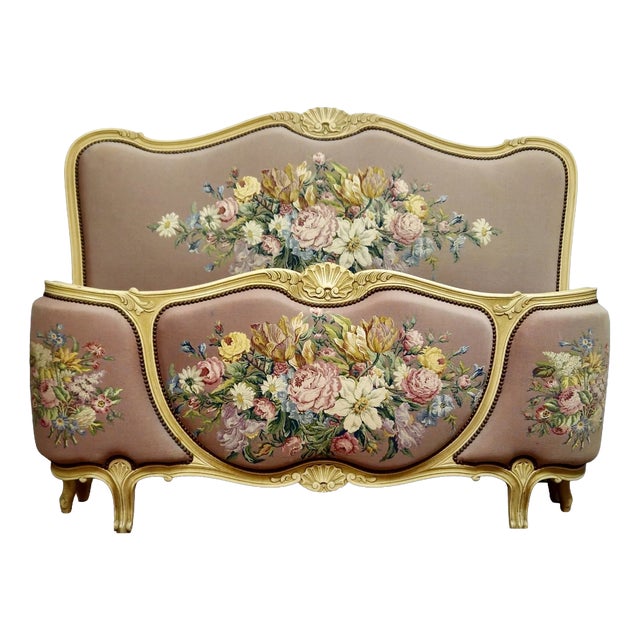 Louis XV Style Basket Bed in Carved Wood and Floral Tapestry For Sale