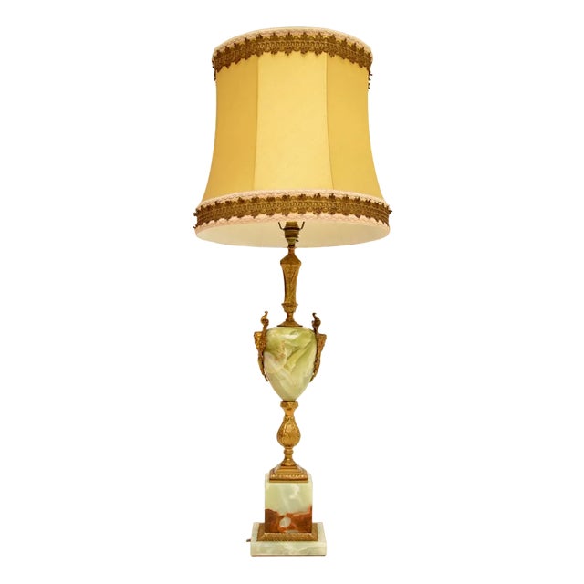 Large Vintage French Onyx & Gilt Metal Table Lamp, 1930s For Sale