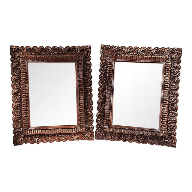 1940s Hand Carved Mahogany Mirrors, a Pair For Sale