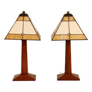 Pair Stickley Mission Oak Slag Glass Lamps For Sale