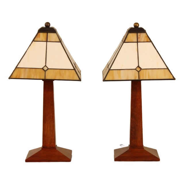 Pair Stickley Mission Oak Slag Glass Lamps For Sale