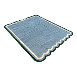 Handmade Woolen Scalloped Rug, Blue With Cream and Forest Green Border - 9'x12' For Sale