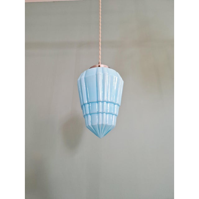Metal Art Deco Pendant Light in Pressed Molded Opaline Glass and Blue Color, 1920s For Sale - Image 7 of 12