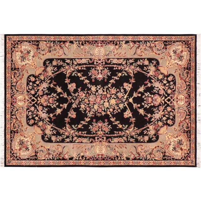 Black Art Nouveau 1990's Floral Pak-Persian Black/Taupe Wool Rug - 6'0'' X 9'0'' For Sale - Image 8 of 9