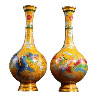 Late 19th Century Pair of Yellow Cloisonné Enamel Dragon and Phoenix Vases For Sale