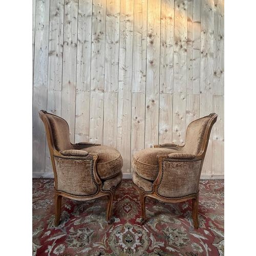 Brown Louis XV Style Bergère Armchairs, Set of 2 For Sale - Image 8 of 9
