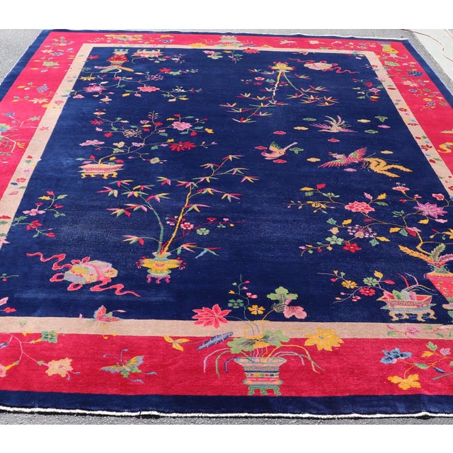 Measures: 11'2 x 16'2 Large Antique Art Deco Rug in Deep Navy Blue with Vibrant Red Border. Keivan Woven Arts / rug...