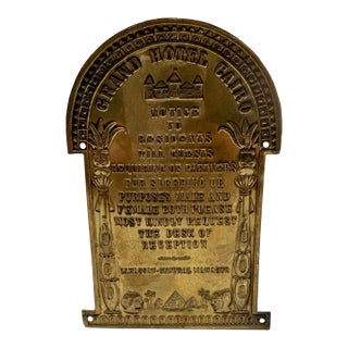 Vintage Grand Hotel Cairo Cast Brass Sign Egyptian Revival Hotel Notice Plaque For Sale