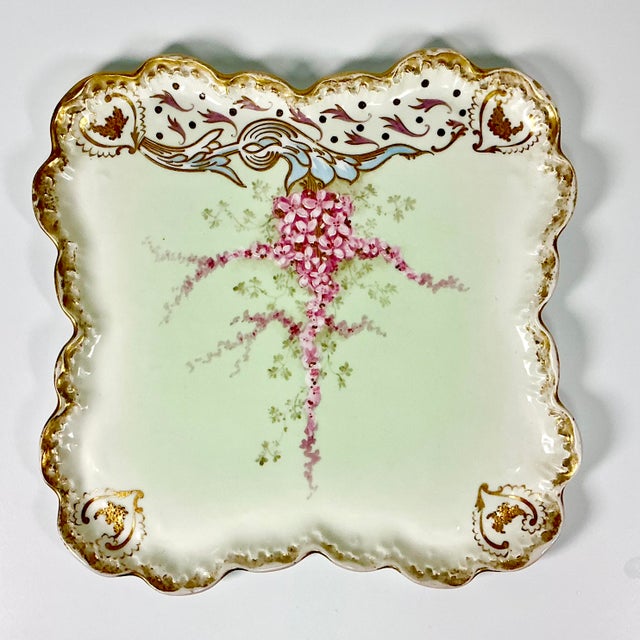 Late 1900s Antique French Victorian Hollywood Regency Limoges Pink Wisteria Dessert Plates and Platter - Set of 7 For Sale - Image 11 of 12