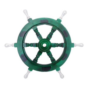 Late 19th Century Nautical Handcrafted Green Wooden Ship Wheel With Aluminium Hub & Handle