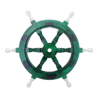 Vintage Nautical Handcrafted Green Wooden Ship Wheel With Aluminium Hub & Handle For Sale