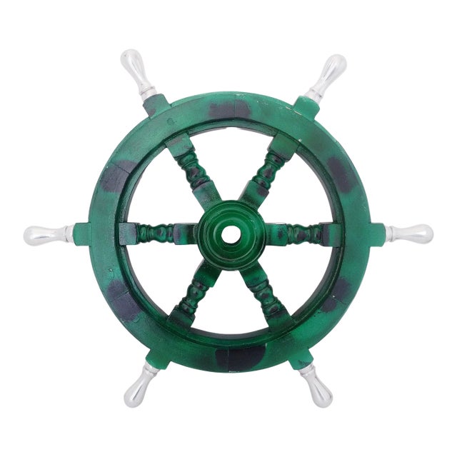 Vintage Nautical Handcrafted Green Wooden Ship Wheel With Aluminium Hub & Handle For Sale