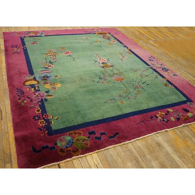 Antique Chinese Art Deco rug. Size: 8'0" x 9'4". Rectangle Antique Wool 1920s Hand Knotted Pile Coral / Salmon Pink Rug,...