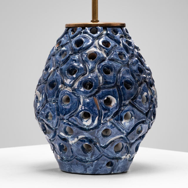 Perforated Blue and White Glazed Stoneware Table Lamp, Denmark, 1960s For Sale - Image 6 of 9