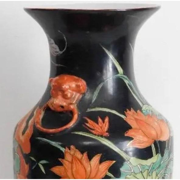 Vintage Mid-Century Chinese Famille Noire Baluster Vase Hand Painted Lotus and Koi Fish 14 Inch For Sale - Image 11 of 13