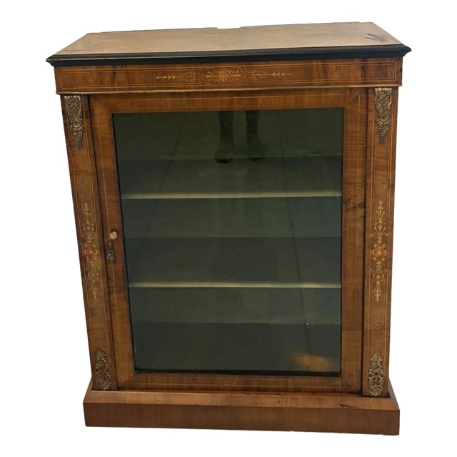 Antique Victorian English Walnut Inlaid Pier Cabinet Display, 1860s For Sale