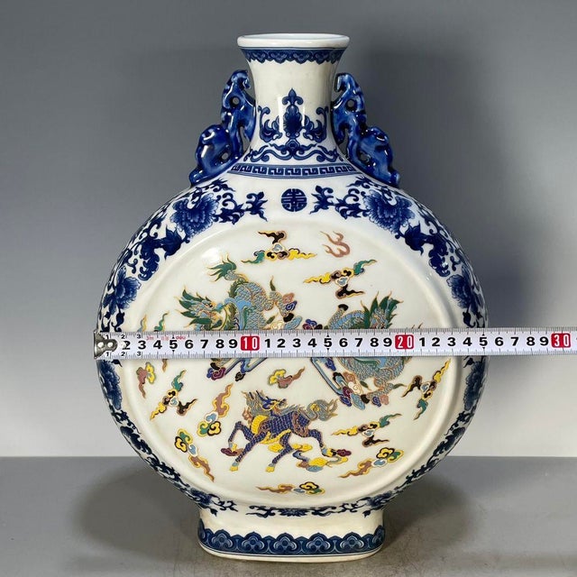 Late 20th Century Chinese Blue & White Famille Rose Porcelain Moon Flask With Mythical Beast Motif For Sale - Image 5 of 9
