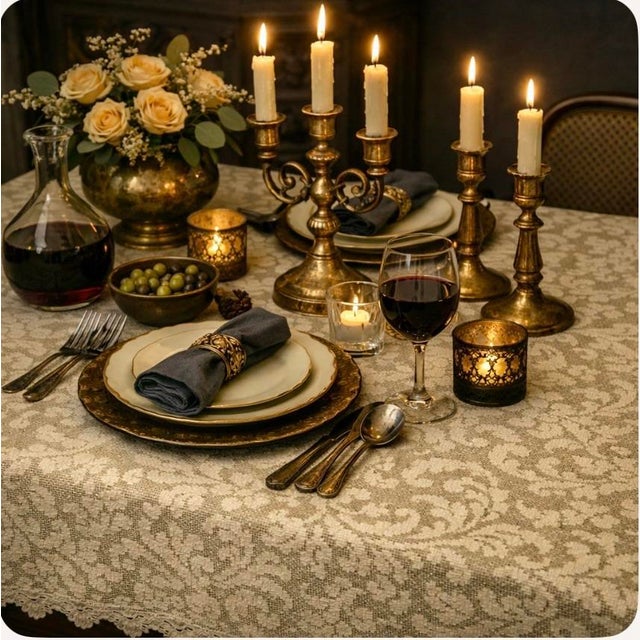Mid-Century Modern Vintage Mid Century Cotton Lace Oblong Tablecloth. Rose and Scroll Motif For Sale - Image 3 of 3