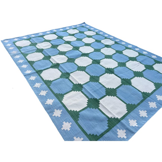 Not Yet Made - Made To Order Handmade Cotton Area Rug, Vegetable Dyed Sky Blue, Cream and Green Swedish Tile Dhurrie-9'x12' For Sale - Image 5 of 13