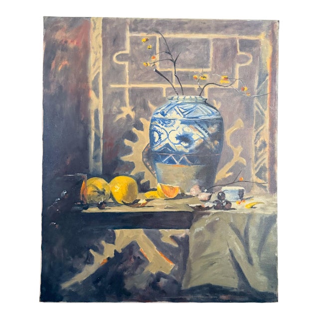 Original Impressionist Still Life Painting, Chinoiserie and Lemons For Sale