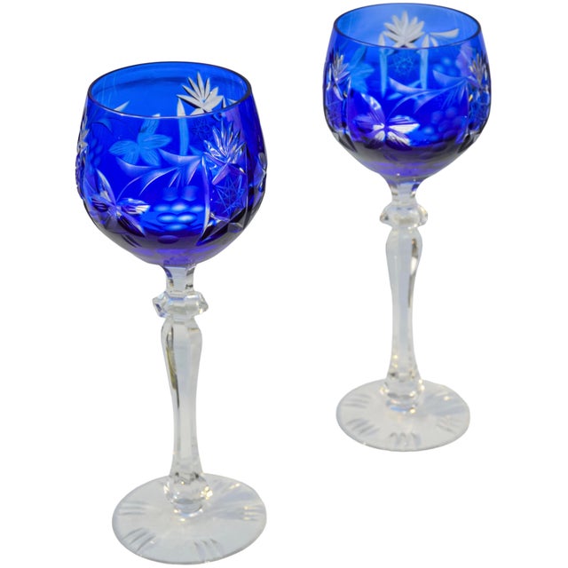 Mid 20th Century Blue Handblown Cut-to-Clear Crystal Stems- Set of 2 For Sale - Image 4 of 6