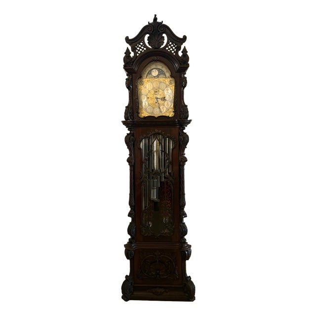 Antique Carved Mahogany 9-Tube Chiming Longcase Clock, 1880 For Sale