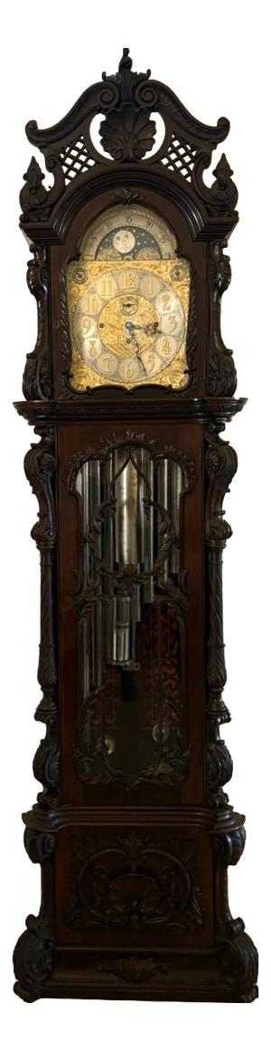 Antique Carved Mahogany 9-Tube Chiming Longcase Clock, 1880