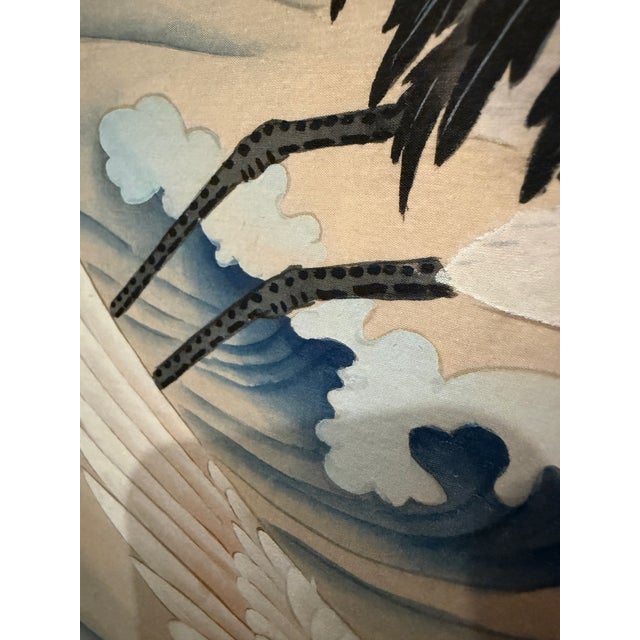 Pair of Vintage Japanese Hand-Painted Silk Crane Paintings, Signed, 45" For Sale - Image 12 of 16
