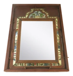 European Late 18th Century Pine Courting Mirror with Reverse Painted Glass depicting Flowers and Acorns