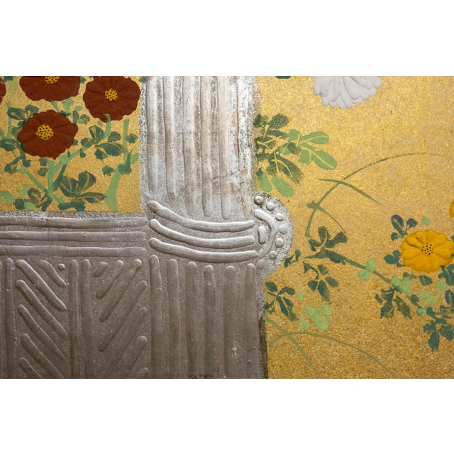 Japanese Rimpa Two-Panel Screen With Chrysanthemums and Silver Twig Fence, Late 19th Century For Sale - Image 9 of 10
