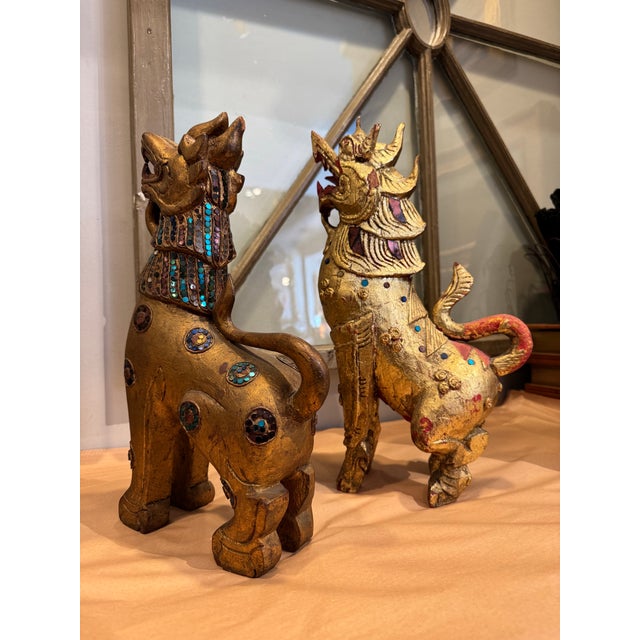 Mid 20th Century Mid-20th Century Gilt Wooden Fu Dog Sculptures For Sale - Image 5 of 7