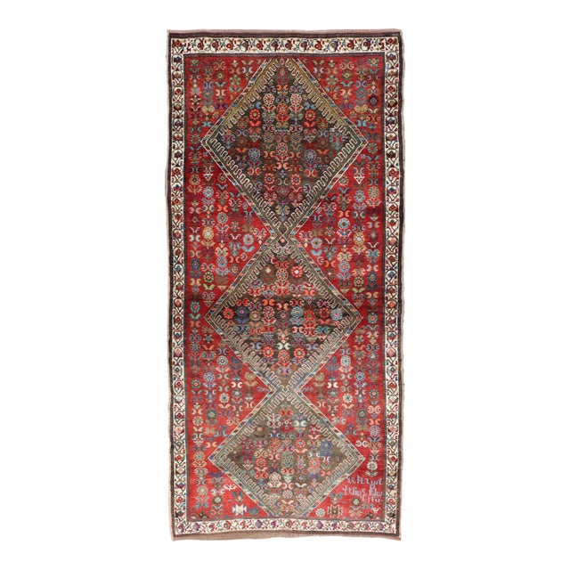Antique Caucasian Karabagh Runner With Bold Diamond Medallion on Rich Red Field 3'9 X 8'9 For Sale