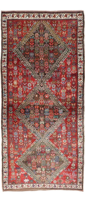 Antique Caucasian Karabagh Runner With Bold Diamond Medallion on Rich Red Field 3'9 X 8'9