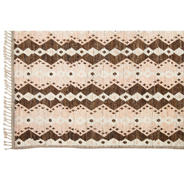 Handcrafted Modern Moroccan Style Wool Rug With Peach and Brown Geometric Design For Sale - Image 4 of 9