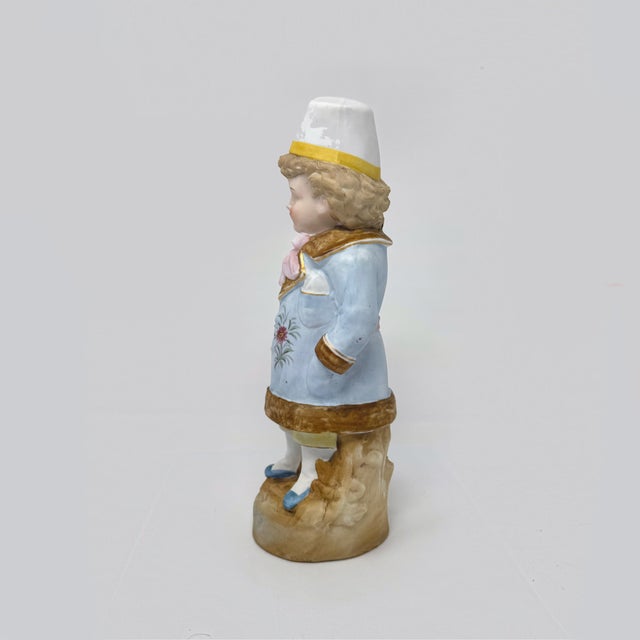Antique German Bisque Porcelain Boy Figurine 10" - Hand Painted For Sale - Image 4 of 6