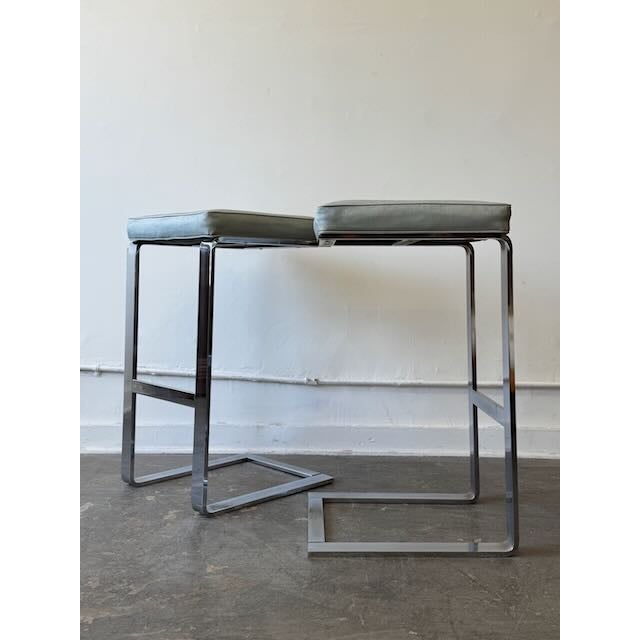 1970s Vintage Pair of Milo Baughman Style Barstools in Blue-Gray Alligator Vinyl For Sale - Image 5 of 11
