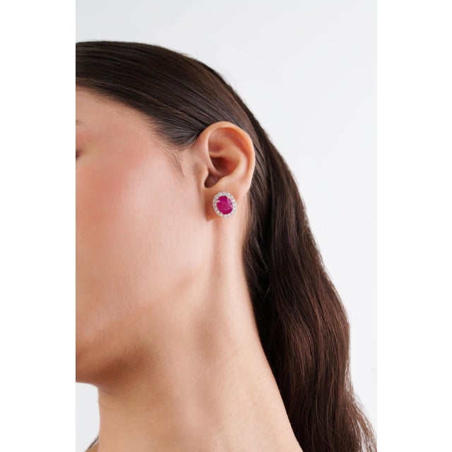 Not Yet Made - Made To Order 7.21ct Oval-Cut Ruby & 1.16ct Diamond Halo Stud Earrings in 18k Yellow Gold- A Pair For Sale - Image 5 of 16