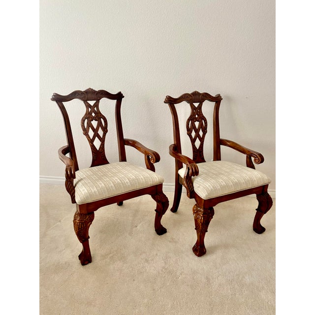 Wood Regency House Chippendale Carved Kensington Hall Vintage Set of Four Arm Chairs Dining/Accent Excellent Condition For Sale - Image 7 of 18