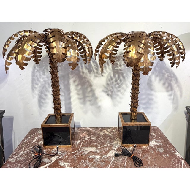 Gold Late 20th Century Pair of Maison Jansen Style Gilt Metal Palm Tree Table Lamps For Sale - Image 8 of 15