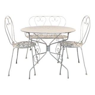 Wrought Iron Garden Table, Chairs and Bench, 1900s, Set of 4 For Sale