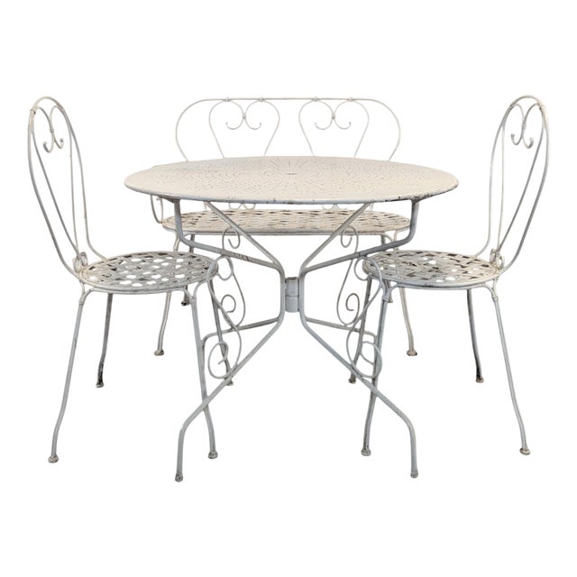 Wrought Iron Garden Table, Chairs and Bench, 1900s, Set of 4 For Sale